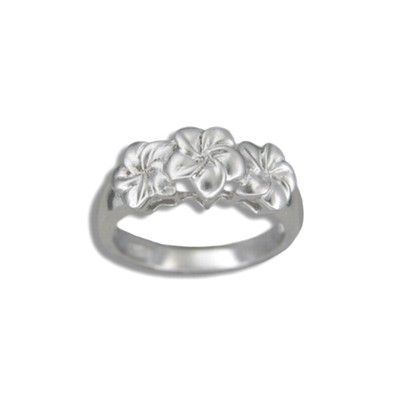 Sterling Silver Triple 8mm Hawaiian Plumeria Flowers Ring 