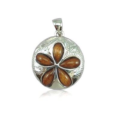 Sterling Silver Hawaiian Koa Wood 20MM Sand Dollar Shaped Plumeria Pendant