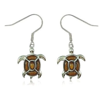 Sterling Silver Fancy Hawaiian Koa Wood Sea Turtle Fish Wire Earrings