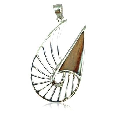 Sterling Silver Hawaiian Koa Wood Cut-In Nautilus Shell Pendant