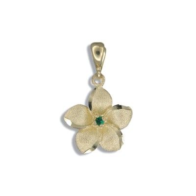 14kt Yellow Gold 15mm Hawaiian Plumeria with Emerald Pendant