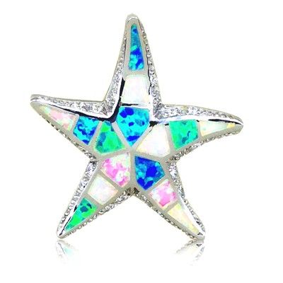 Sterling Silver Hawaiian 30MM Starfish Shaped Rainbow Opal Slide Pendant