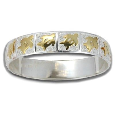 Sterling Silver Two Tone 10mm Hawaiian HONU Design Kids Bangle with Plain Edge 