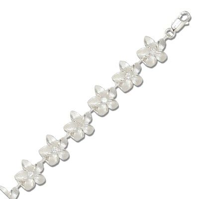 Sterling Silver 12MM Hawaiian Plumeria with Clear CZ Design Bracelet