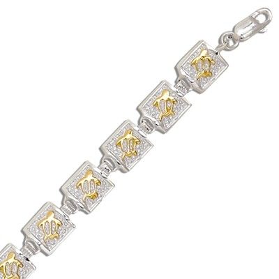 Sterling Silver Two Tone 8MM Hawaiian Honu Quilt Design Bracelet (S)