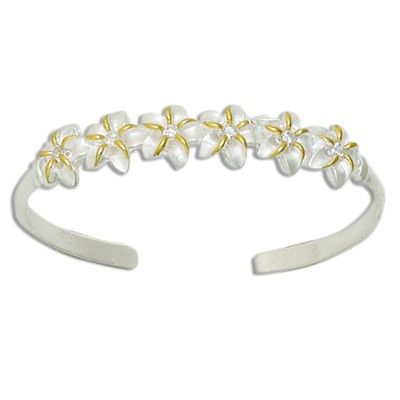 Sterling Silver Two Tone Hawaiian Six Plumeria with CZ Cuff Bangle