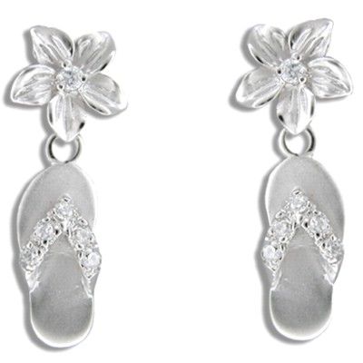 Sterling Silver Hawaiian 10mm Plumeria and Slipper Dangling Pierced Earrings