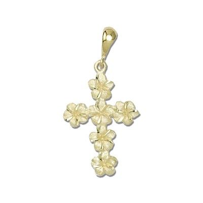 14kt Yellow Gold 6mm Plumeria Leis Cross Pendant