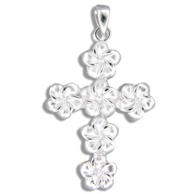 Sterling Silver Hawaiian Plumeria and Cross Design Pendant