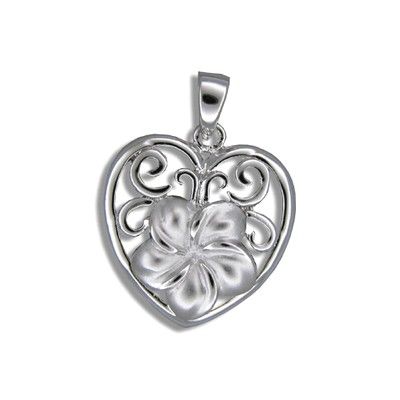 Sterling Silver 12MM Hawaiian Plumeria in Heart Design Pendant