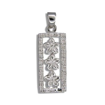 Sterling Silver Triple Hawaiian Plumeria Vertical Pendant