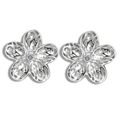 Sterling Silver Cut-in Hawaiian Plumeria with CZ Pierced Earrings