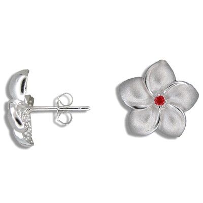 Sterling Silver 15MM Hawaiian Plumeria with Red CZ Pierced Earrings