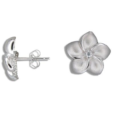 Sterling Silver 15MM Hawaiian Plumeria with Clear CZ Pierced Earrings