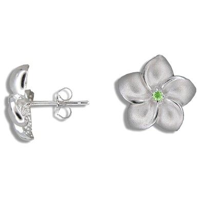 Sterling Silver 15MM Hawaiian Plumeria with Peridot  CZ Pierced Earrings