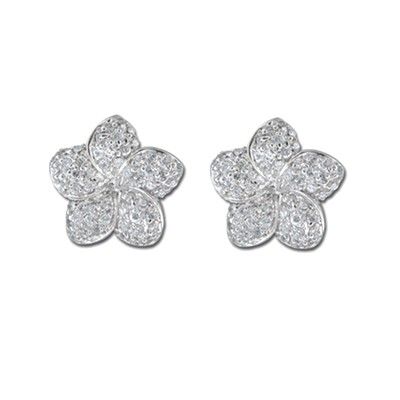 Sterling Silver Fancy 12MM Hawaiian Plumeria with Clear CZ Pierced Earrings (S)