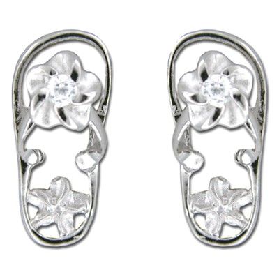 Sterling Silver Hawaiian Plumeria Clear CZ Slipper Pierced Earrings