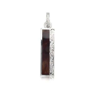 Sterling Silver Hawaiian Engraved Koa Wood Long Bar Shaped Pendant (M)