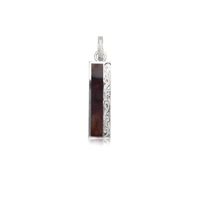 Sterling Silver Hawaiian Engraved Koa Wood Long Bar Shaped Pendant (S)