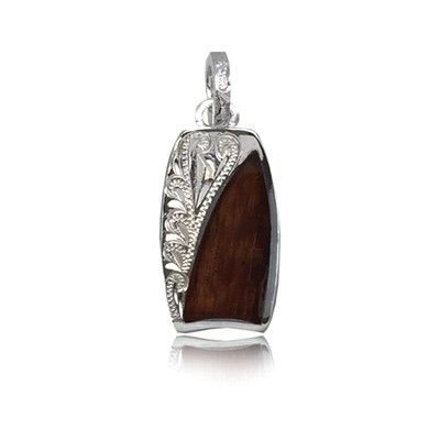 Sterling Silver Hawaiian Koa Wood Bodyboard Shaped Engraved on the Left Side Pendant