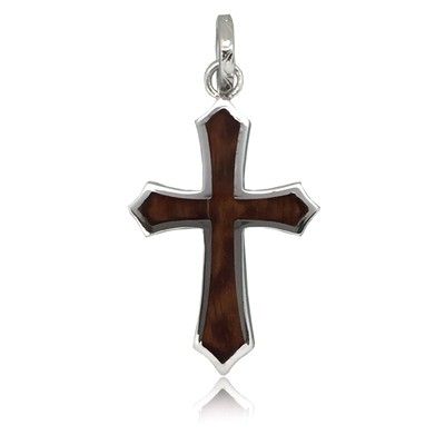 Sterling Silver Hawaiian Koa Wood Cross Shaped Pendant (L)