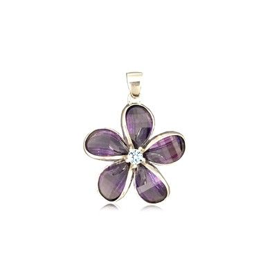 Sterling Silver 15MM Hawaiian Plumeria with Semi-Precious Purple Amethyst Pendant