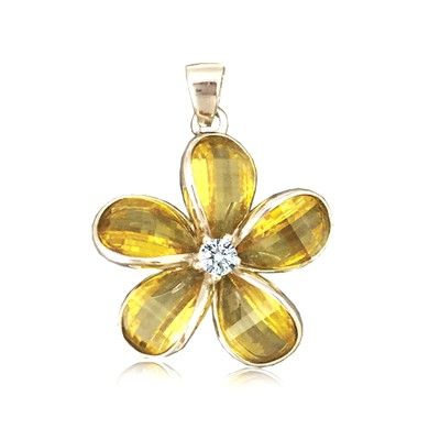 Sterling Silver 24MM Hawaiian Plumeria with Semi-Precious Yellow Citrine Pendant 