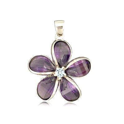 Sterling Silver 24MM Hawaiian Plumeria with Semi-Precious Purple Amethyst Pendant 