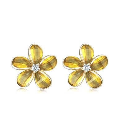 Sterling Silver 15MM Hawaiian Plumeria with Semi-Precious Yellow Citrine Post Earrings