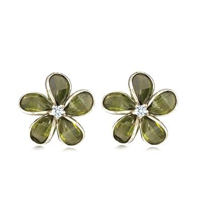 Sterling Silver 15MM Hawaiian Plumeria with Semi-Precious Green Peridot Post Earrings