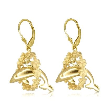 14kt Yellow Gold Hawaiian Dolphin Leis Lever Back Earrings