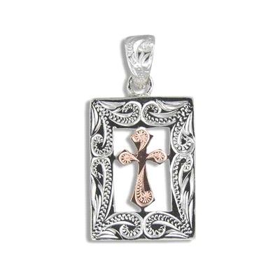 Hand Engraved Fine Sterling Silver Scroll Cross pendant. 