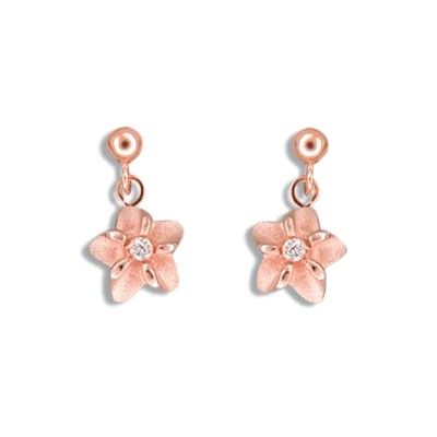 Sterling Silver Rose Gold Plated Hawaiian Plumeria Dangling Earrings