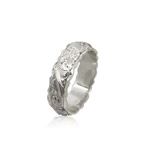 14KT White Gold Double Hawaiian Plumeria Scroll Wedding Ring Band