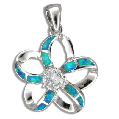 Sterling Silver Hawaiian Cut-in Blue Opal Plumeria Pendant (L) with CZ