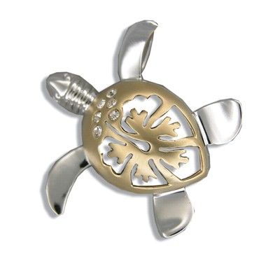 Sterling Silver Hawaiian Two Tone Hibiscus Honu Pendant (M)