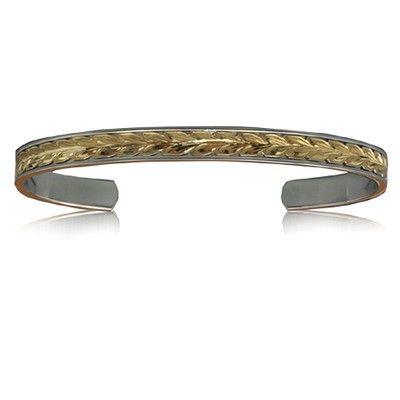 Sterling Silver Hawaiian 14K Yellow Two Tone Maile Cuff 8mm Bangle