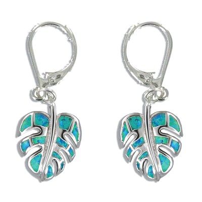 Sterling Silver Hawaiian Monstera Leaf Blue Opal Lever Earrings