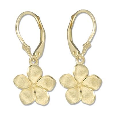 14kt Yellow Gold 12mm Plumeria Lever Back Earrings