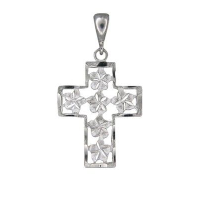 14kt White Gold Hawaiian Plumeria with Outline Cross Pendant 