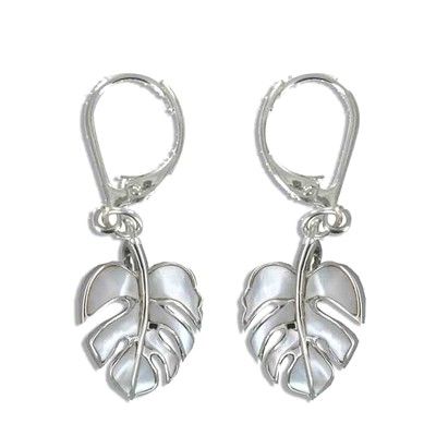 Sterling Silver Hawaiian Monstera Leaf White MOP Lever Earrings