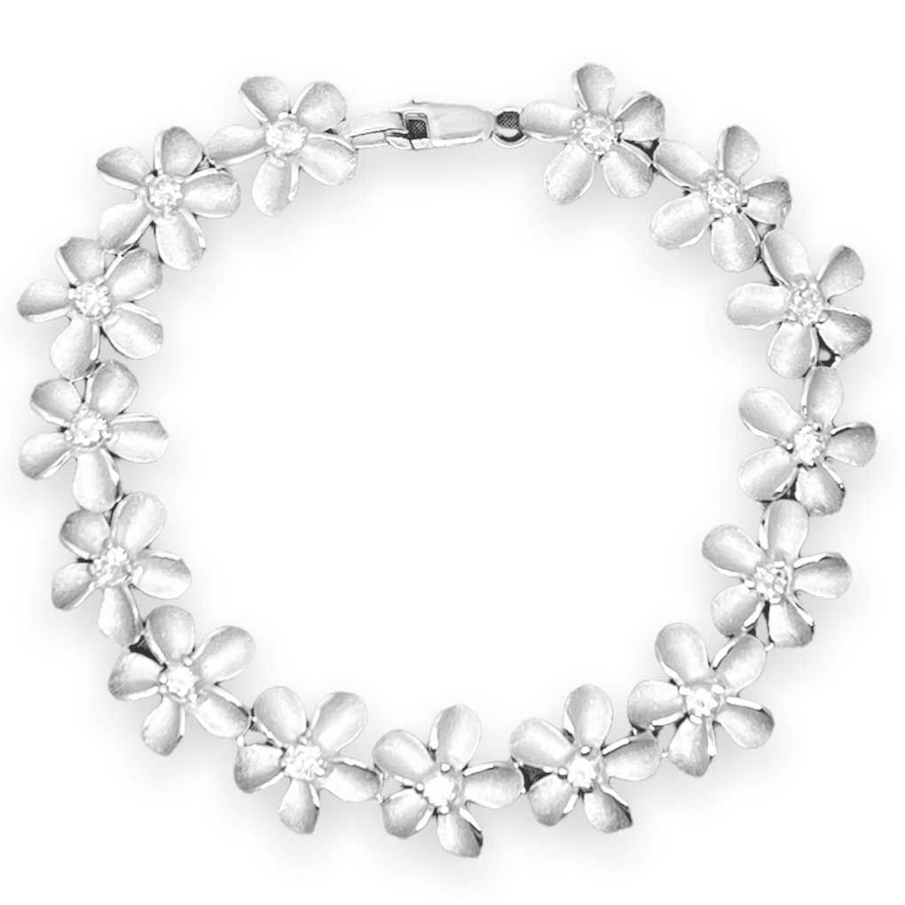 Sterling Silver 13MM Hawaiian Plumeria with Clear CZ Design Bracelet