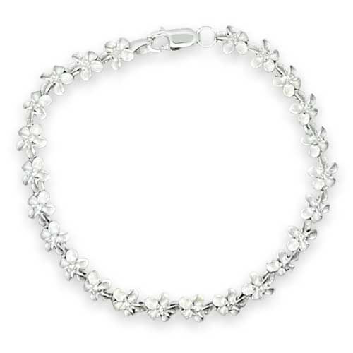 Sterling Silver 7MM Hawaiian Plumeria with Clear CZ Design Bracelet