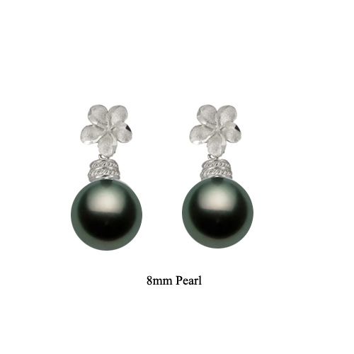 14KT White Gold Hawaiian 8mm Plumeria Tahitian Black Pearl Earrings