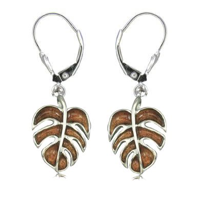 Sterling Silver Hawaiian Koa Wood Fancy Monstera Leaf Lever Earrings