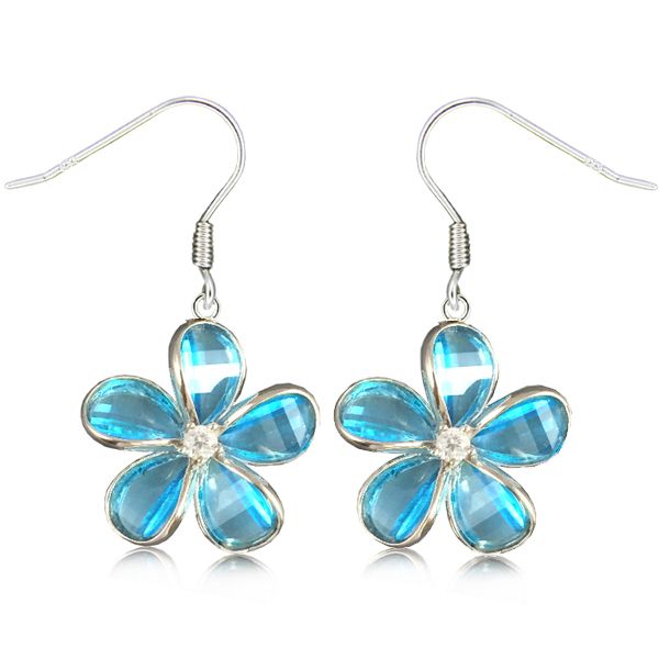 Sterling Silver 15MM Hawaiian Plumeria with Semi-Precious Blue Topaz Fish Wire Earrings