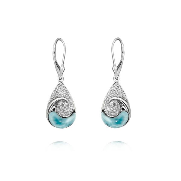 Sterling Silver Genuine Larimar CZ Wave in Tear Drop Lever Back Earrings