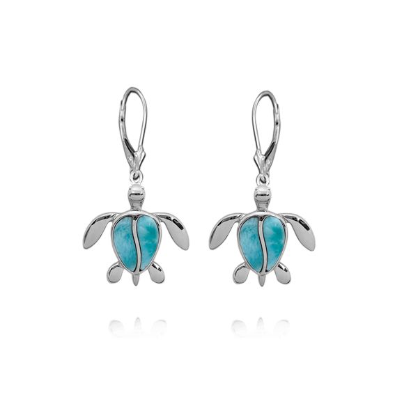 Sterling Silver Genuine Larimar Hawaiian Honu Lever Back Earrings