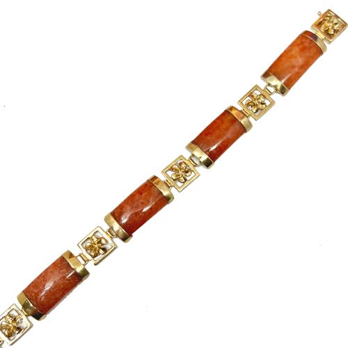 14KT Yellow Gold Plumeria Filigree with Red Jade Bracelet