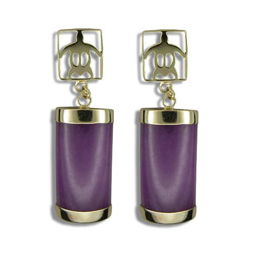 14KT Yellow Gold Honu with Long Bar Shaped Purple Jade Earrings